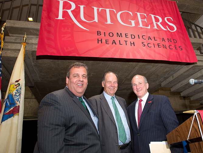 President Barchi with Governor Chris Christie, left, and former governor Thomas H. Kean, center,
